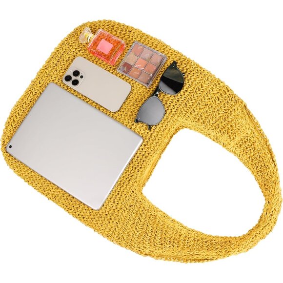 Women's Yellow Large Straw Beach Bag Handmade Woven Shoulder Hobo Tote Handbag - Picture 4 of 5